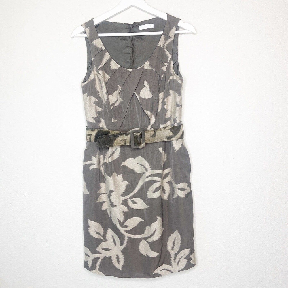 Badgley Mischka Belted Floral Taupe and Tan Pleated Pocketed Sheath Dress S